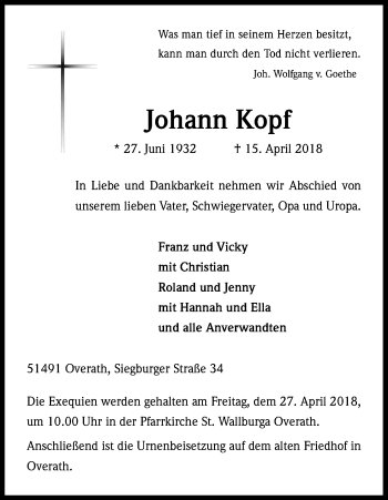Anzeige von Johann Kopf von Kölner Stadt-Anzeiger / Kölnische Rundschau / Express