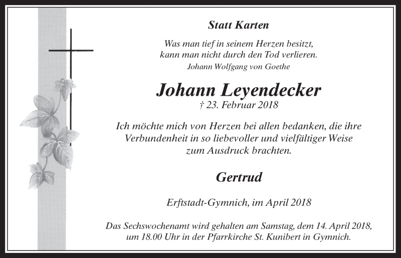  Traueranzeige für Johann Leyendecker vom 11.04.2018 aus  Werbepost 