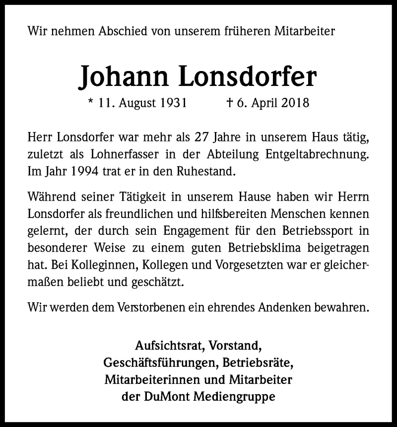  Traueranzeige für Johann Lonsdorfer vom 14.04.2018 aus Kölner Stadt-Anzeiger / Kölnische Rundschau / Express