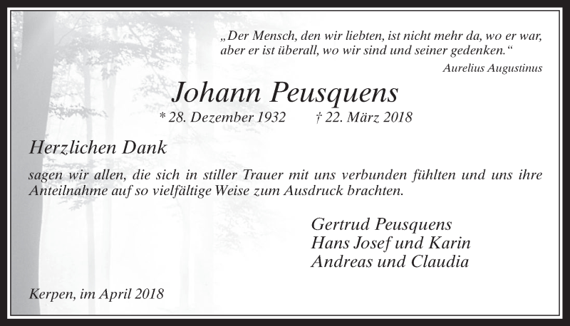  Traueranzeige für Johann Peusquens vom 25.04.2018 aus  Werbepost 
