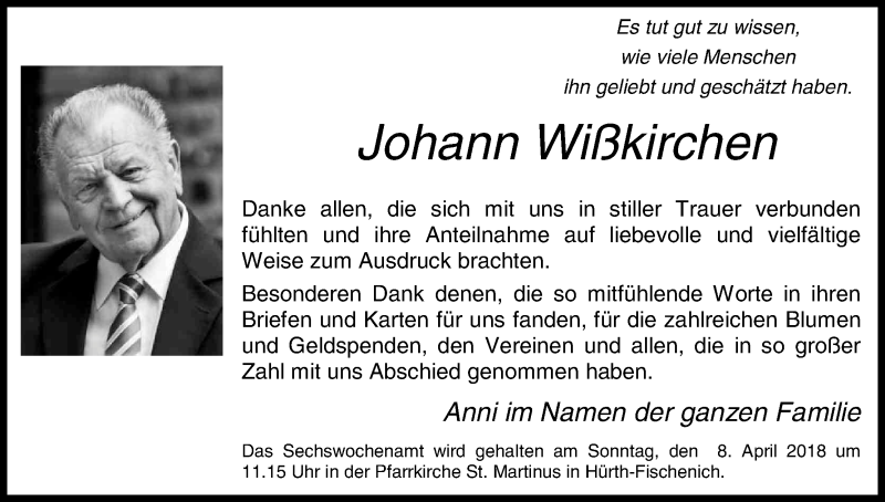  Traueranzeige für Johann Wißkirchen vom 04.04.2018 aus Kölner Stadt-Anzeiger / Kölnische Rundschau / Express