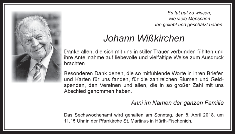  Traueranzeige für Johann Wißkirchen vom 04.04.2018 aus  Wochenende 