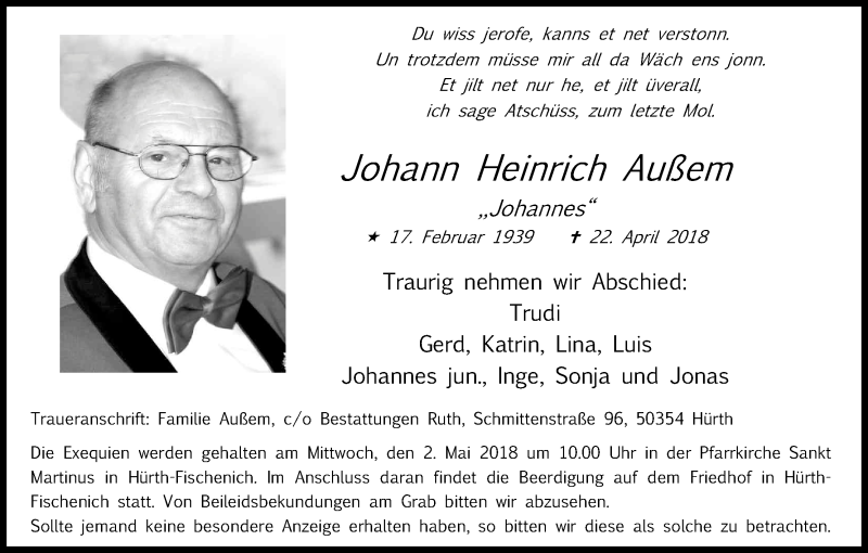  Traueranzeige für Johann Heinrich Außem vom 28.04.2018 aus Kölner Stadt-Anzeiger / Kölnische Rundschau / Express