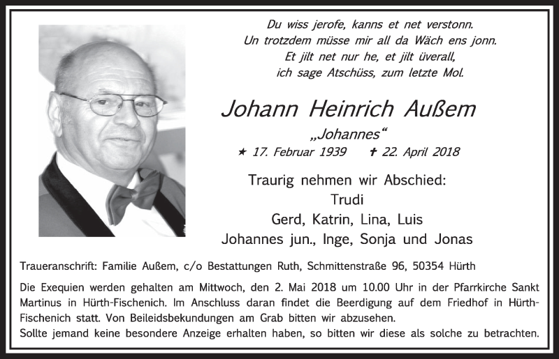  Traueranzeige für Johann Heinrich Außem vom 28.04.2018 aus  Sonntags-Post 