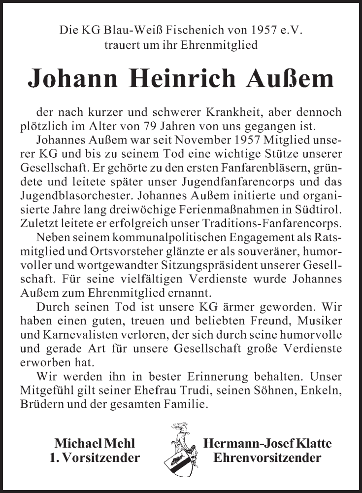  Traueranzeige für Johann Heinrich Außem vom 25.04.2018 aus  Wochenende 
