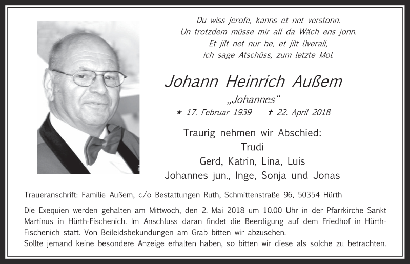  Traueranzeige für Johann Heinrich Außem vom 25.04.2018 aus  Wochenende 