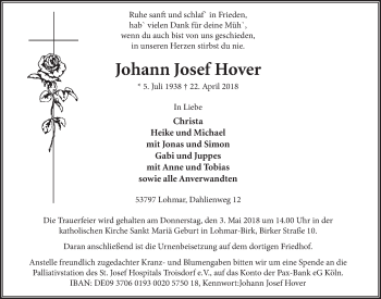 Anzeige von Johann Josef Hover von  Rhein-Sieg-Wochenende 