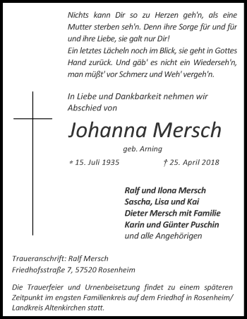 Anzeige von Johanna Mersch von Kölner Stadt-Anzeiger / Kölnische Rundschau / Express