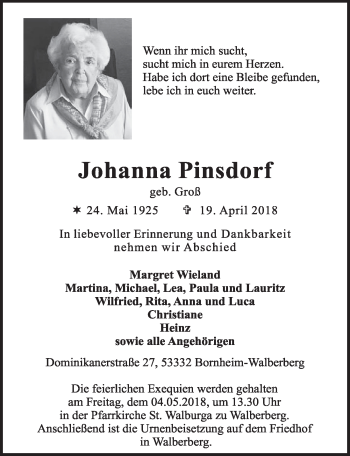 Anzeige von Johanna Pinsdorf von  Schaufenster/Blickpunkt 