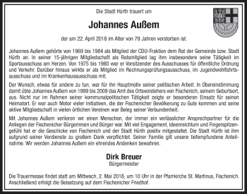 Anzeige von Johannes Außem von  Sonntags-Post 