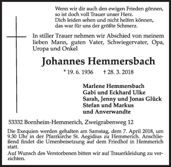Anzeige von Johannes Hemmersbach von  Schlossbote/Werbekurier 