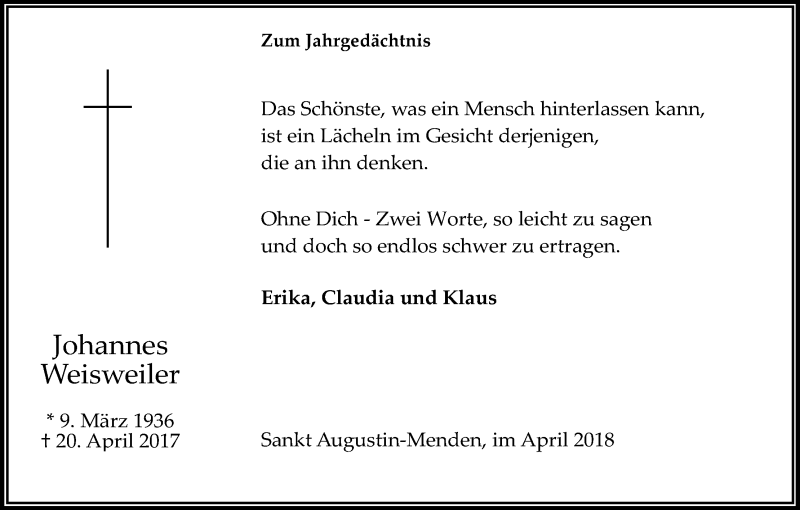  Traueranzeige für Johannes Weisweiler vom 20.04.2018 aus Kölner Stadt-Anzeiger / Kölnische Rundschau / Express