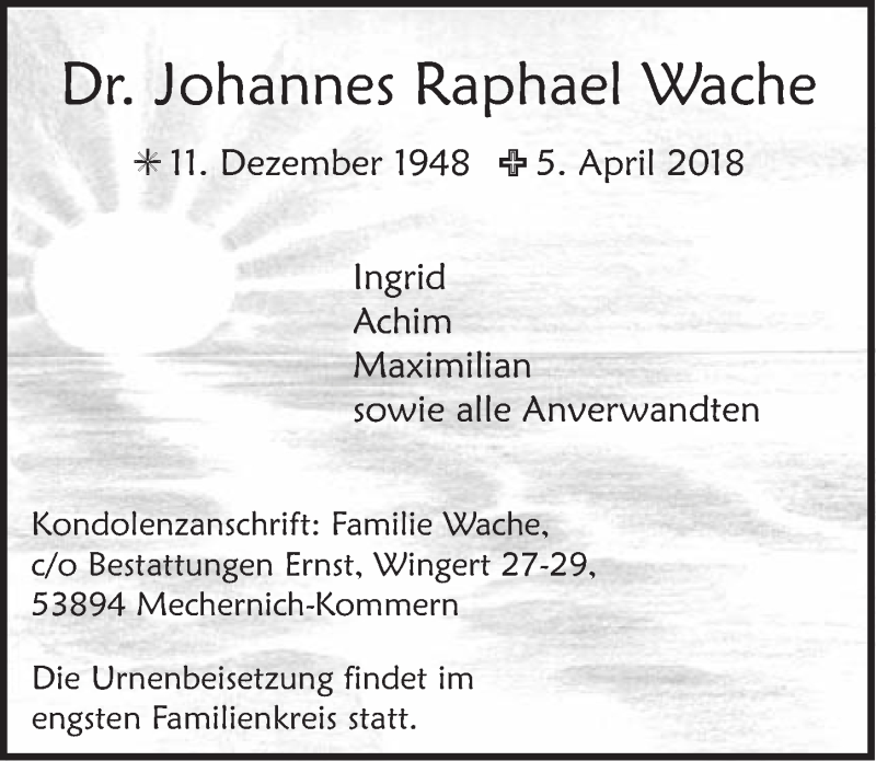  Traueranzeige für Johannes Raphael Wache vom 14.04.2018 aus  Blickpunkt Euskirchen 