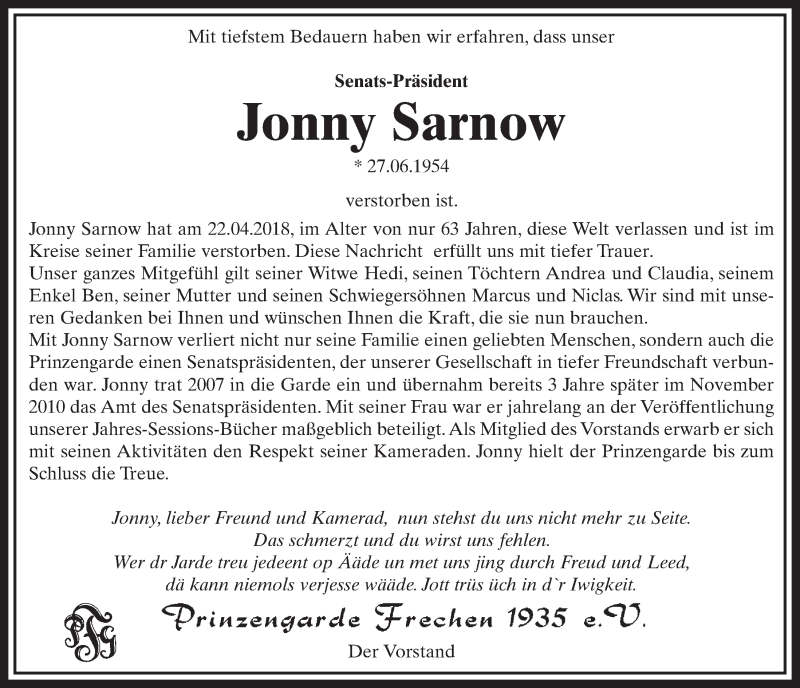  Traueranzeige für Jonny Sarnow vom 28.04.2018 aus  Sonntags-Post 