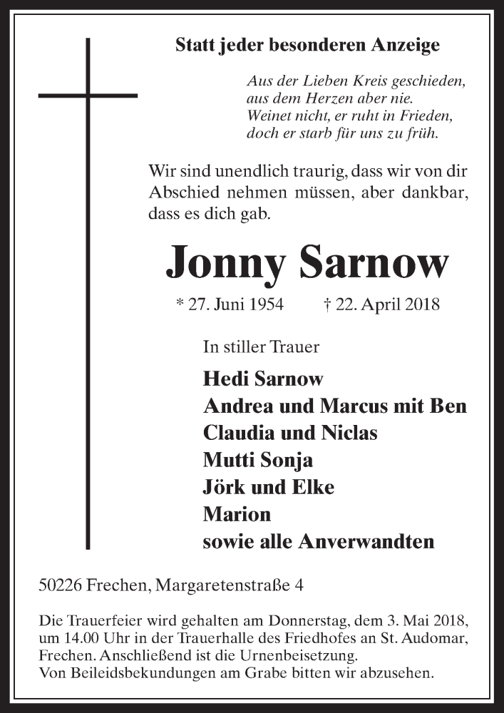  Traueranzeige für Jonny Sarnow vom 25.04.2018 aus  Wochenende 