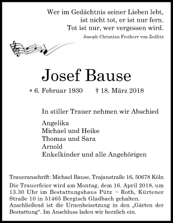 Anzeige von Josef Bause von Kölner Stadt-Anzeiger / Kölnische Rundschau / Express