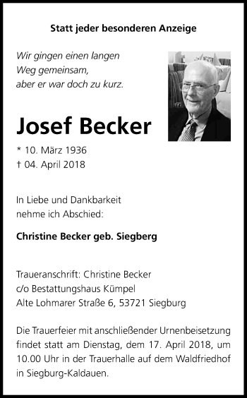 Anzeige von Josef Becker von Kölner Stadt-Anzeiger / Kölnische Rundschau / Express