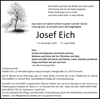 Anzeige von Josef Eich von Kölner Stadt-Anzeiger / Kölnische Rundschau / Express