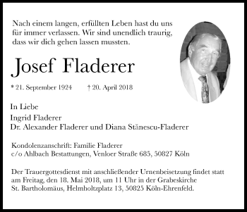 Anzeige von Josef Fladerer von Kölner Stadt-Anzeiger / Kölnische Rundschau / Express