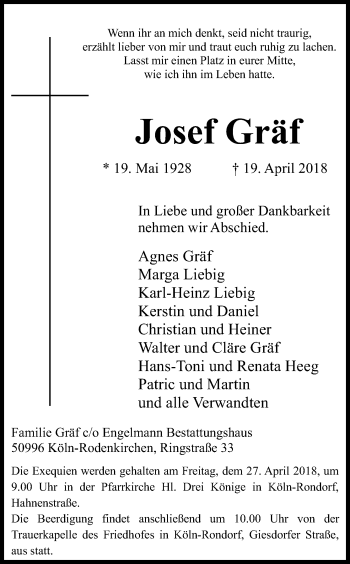 Anzeige von Josef Gräf von Kölner Stadt-Anzeiger / Kölnische Rundschau / Express