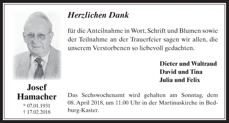  Traueranzeige für Josef Hamacher vom 04.04.2018 aus  Werbepost 