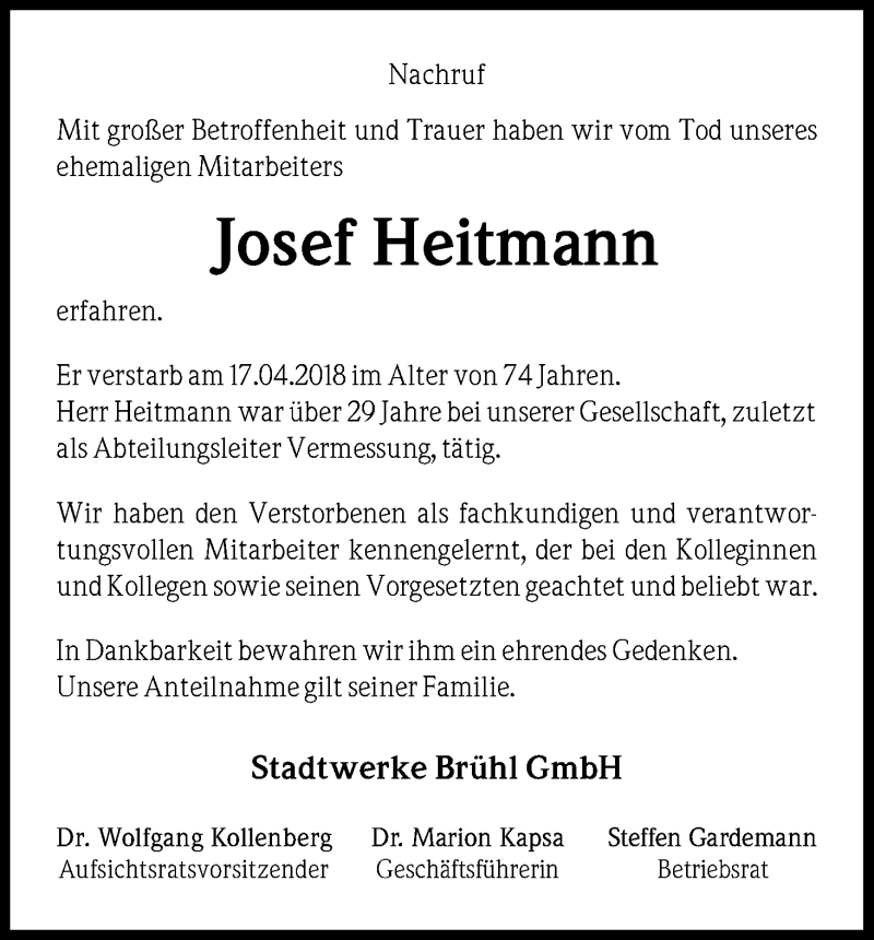  Traueranzeige für Josef Heitmann vom 28.04.2018 aus Kölner Stadt-Anzeiger / Kölnische Rundschau / Express