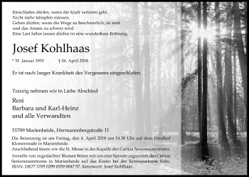 Anzeige von Josef Kohlhaas von Kölner Stadt-Anzeiger / Kölnische Rundschau / Express