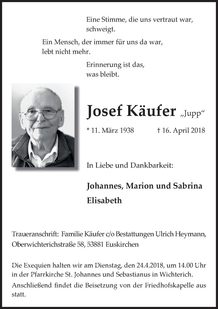  Traueranzeige für Josef Käufer vom 21.04.2018 aus  Blickpunkt Euskirchen 