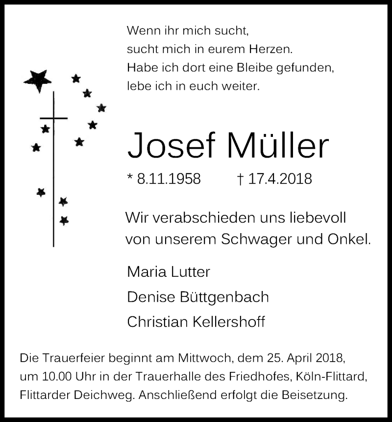  Traueranzeige für Josef Müller vom 21.04.2018 aus Kölner Stadt-Anzeiger / Kölnische Rundschau / Express