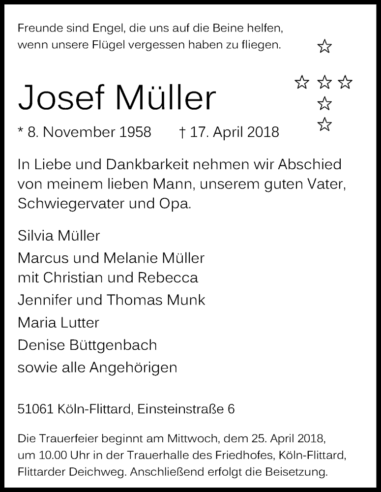  Traueranzeige für Josef Müller vom 21.04.2018 aus Kölner Stadt-Anzeiger / Kölnische Rundschau / Express