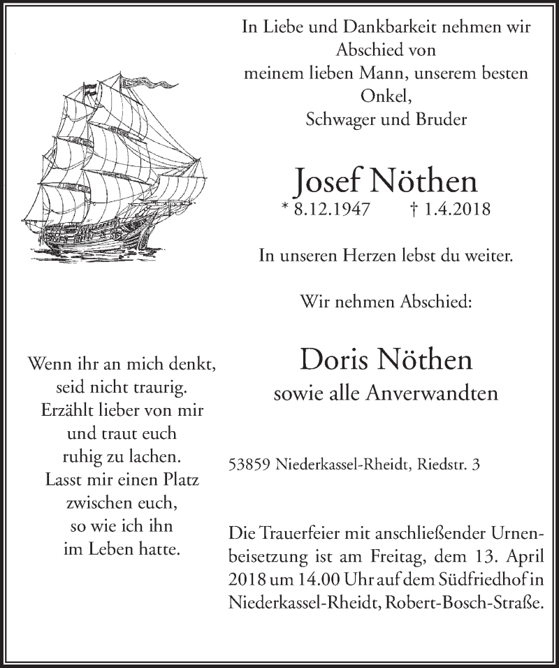  Traueranzeige für Josef Nöthen vom 11.04.2018 aus  Extra Blatt 