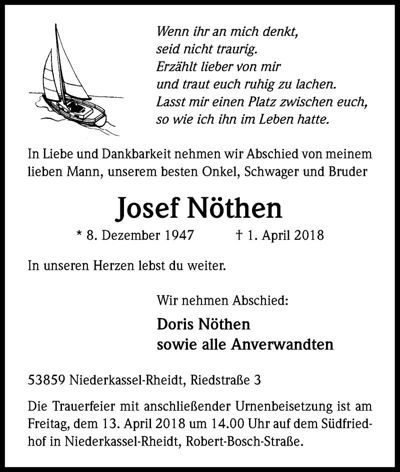  Traueranzeige für Josef Nöthen vom 07.04.2018 aus Kölner Stadt-Anzeiger / Kölnische Rundschau / Express