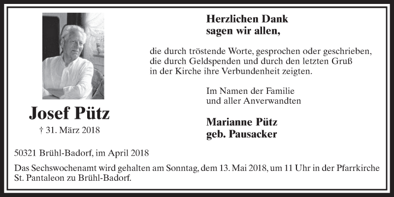  Traueranzeige für Josef Pütz vom 25.04.2018 aus  Schlossbote/Werbekurier 
