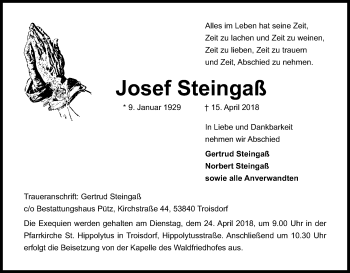 Anzeige von Josef Steingaß von Kölner Stadt-Anzeiger / Kölnische Rundschau / Express