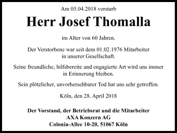 Anzeige von Josef Thomalla von Kölner Stadt-Anzeiger / Kölnische Rundschau / Express