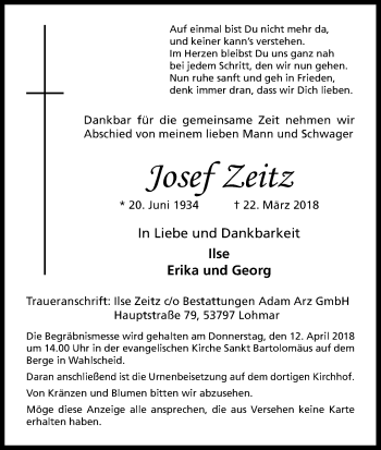 Anzeige von Josef Zeitz von Kölner Stadt-Anzeiger / Kölnische Rundschau / Express