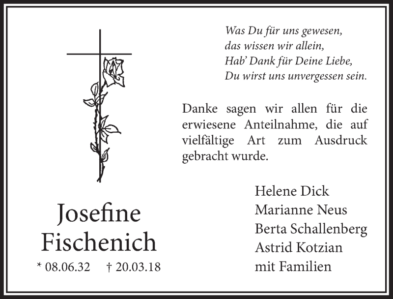  Traueranzeige für Josefine Fischenich vom 25.04.2018 aus  Schaufenster/Blickpunkt  Schlossbote/Werbekurier 