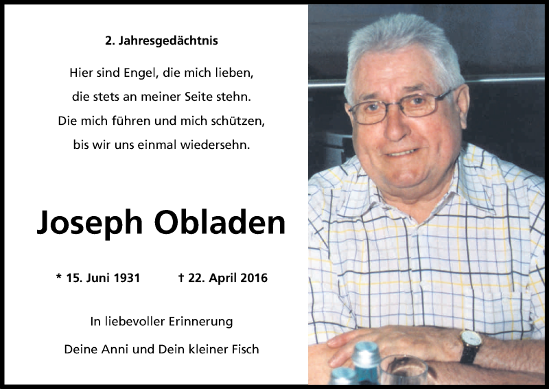  Traueranzeige für Joseph Obladen vom 21.04.2018 aus Kölner Stadt-Anzeiger / Kölnische Rundschau / Express