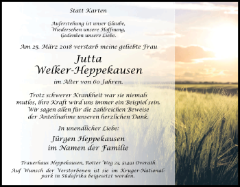 Anzeige von Jutta Welker-Heppekausen von Kölner Stadt-Anzeiger / Kölnische Rundschau / Express