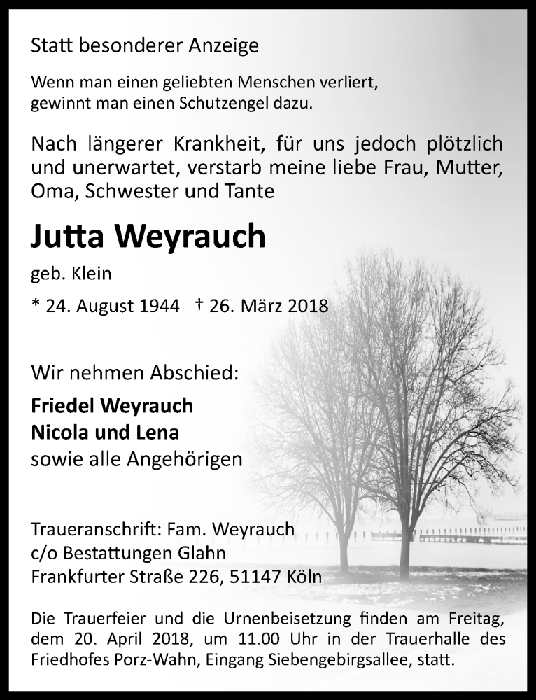  Traueranzeige für Jutta Weyrauch vom 04.04.2018 aus  Kölner Wochenspiegel 