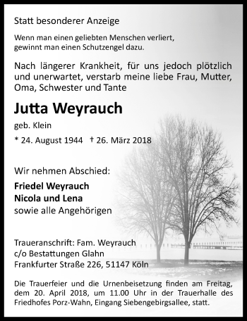 Anzeige von Jutta Weyrauch von  Kölner Wochenspiegel 