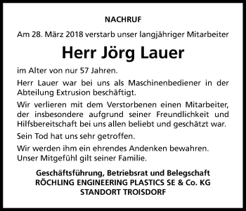 Anzeige von Jörg Lauer von Kölner Stadt-Anzeiger / Kölnische Rundschau / Express