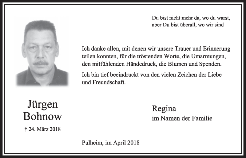  Traueranzeige für Jürgen Bohnow vom 28.04.2018 aus  Sonntags-Post 