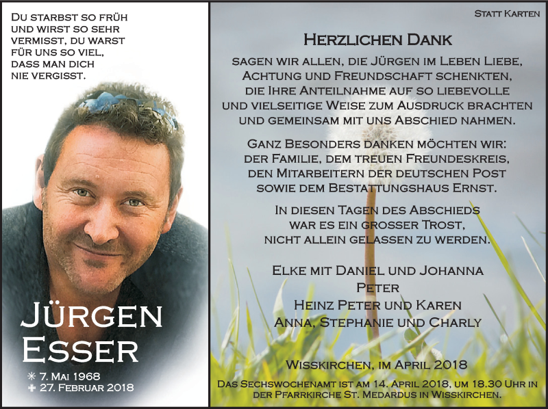  Traueranzeige für Jürgen Esser vom 07.04.2018 aus  Blickpunkt Euskirchen 