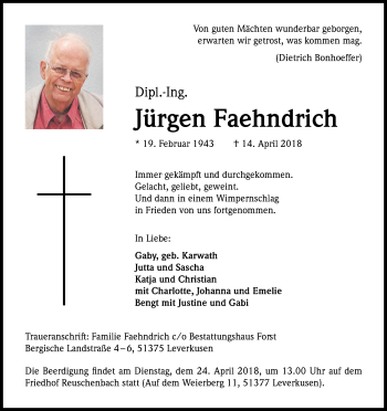 Anzeige von Jürgen Faehndrich von Kölner Stadt-Anzeiger / Kölnische Rundschau / Express
