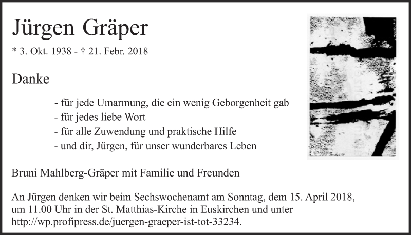  Traueranzeige für Jürgen Gräper vom 07.04.2018 aus  Blickpunkt Euskirchen 