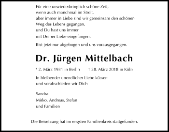 Anzeige von Jürgen Mittelbach von Kölner Stadt-Anzeiger / Kölnische Rundschau / Express