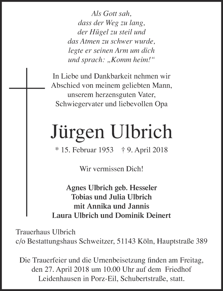  Traueranzeige für Jürgen Ulbrich vom 18.04.2018 aus  Kölner Wochenspiegel 