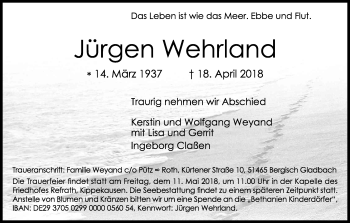 Anzeige von Jürgen Wehrland von Kölner Stadt-Anzeiger / Kölnische Rundschau / Express