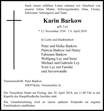 Anzeige von Karin Barkow von Kölner Stadt-Anzeiger / Kölnische Rundschau / Express